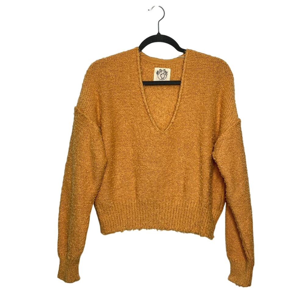 Free People V Neck Sweater Orange Textured Knit Small Boho Cozy